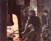 Self-Portrait with Worker near the Steam-hammer - 阿道夫·冯·门采尔